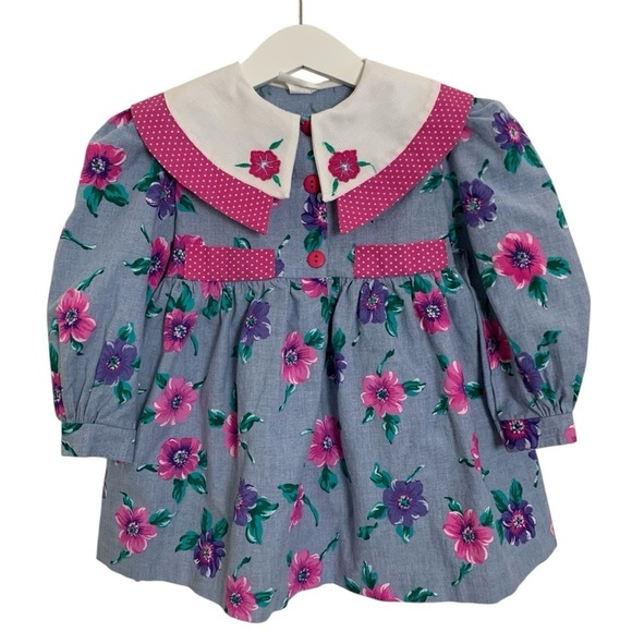 Vintage Toddler Girl Floral Polka Dot Dress 3T Big Collar Chambray 80s Cute Pink - Picture 1 of 14